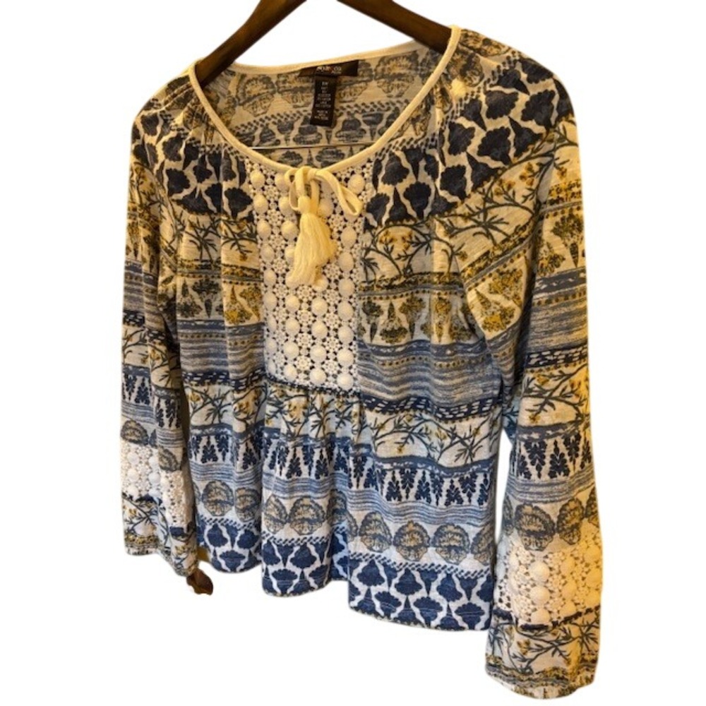 Style & Co Petite Medium Blue Yellow Boho Floral Lace Tassel Peplum Top